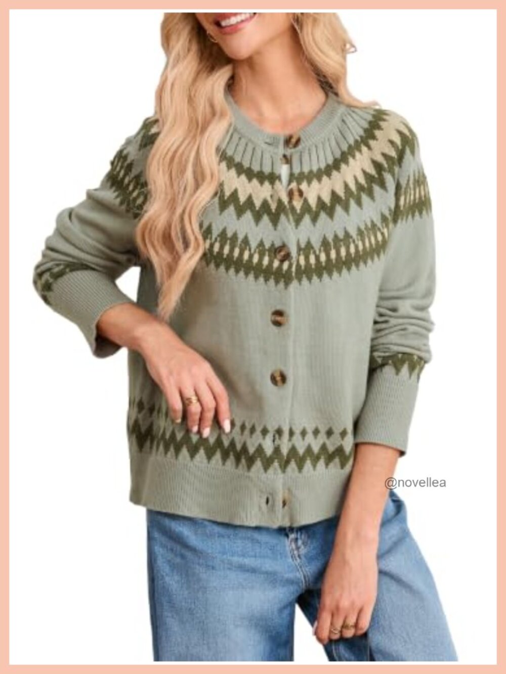 Fair Isle Cardigan Sweater Long Sleeve Button Knit Relaxed Fit Rayon Blend